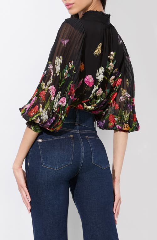 Alice And Olivia Ilan Pleated Blouson Sleeve Button Front Blouse Secret Garden In Secret Garden
