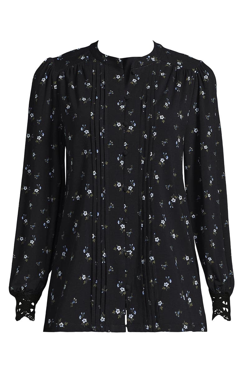Lands' End Lightweight Jersey Long Sleeve Button Front Pintuck Top, Alternate, color, Black/Cobalt Tiny Floral
