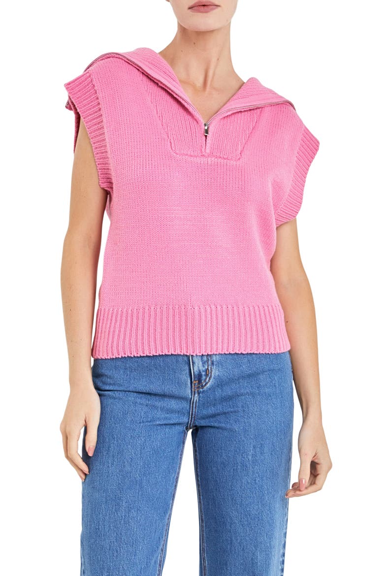 Zip Mock Neck Cap Sleeve Sweater, Main, color, PINK