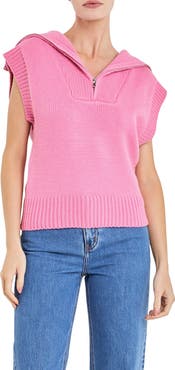 English Factory Zip Mock Neck Cap Sleeve Sweater