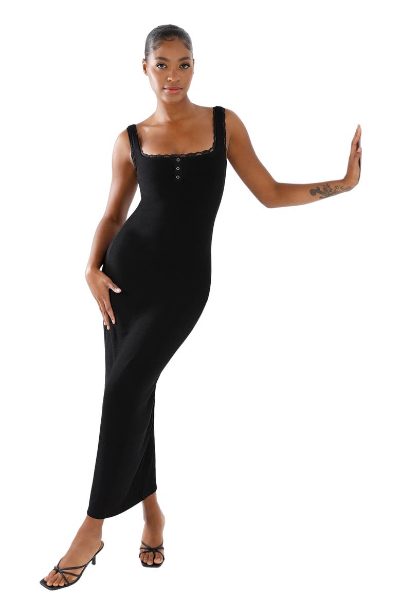 Popilush Shapewear Modal Slimming Lace Trim Henley Tank Maxi Dress, Alternate, color, Midnight Black