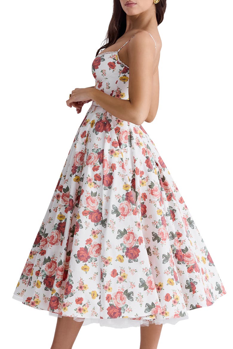 Mademoiselle Bustier Stretch Satin Midi Dress, Alternate, color, ROSE PRINT