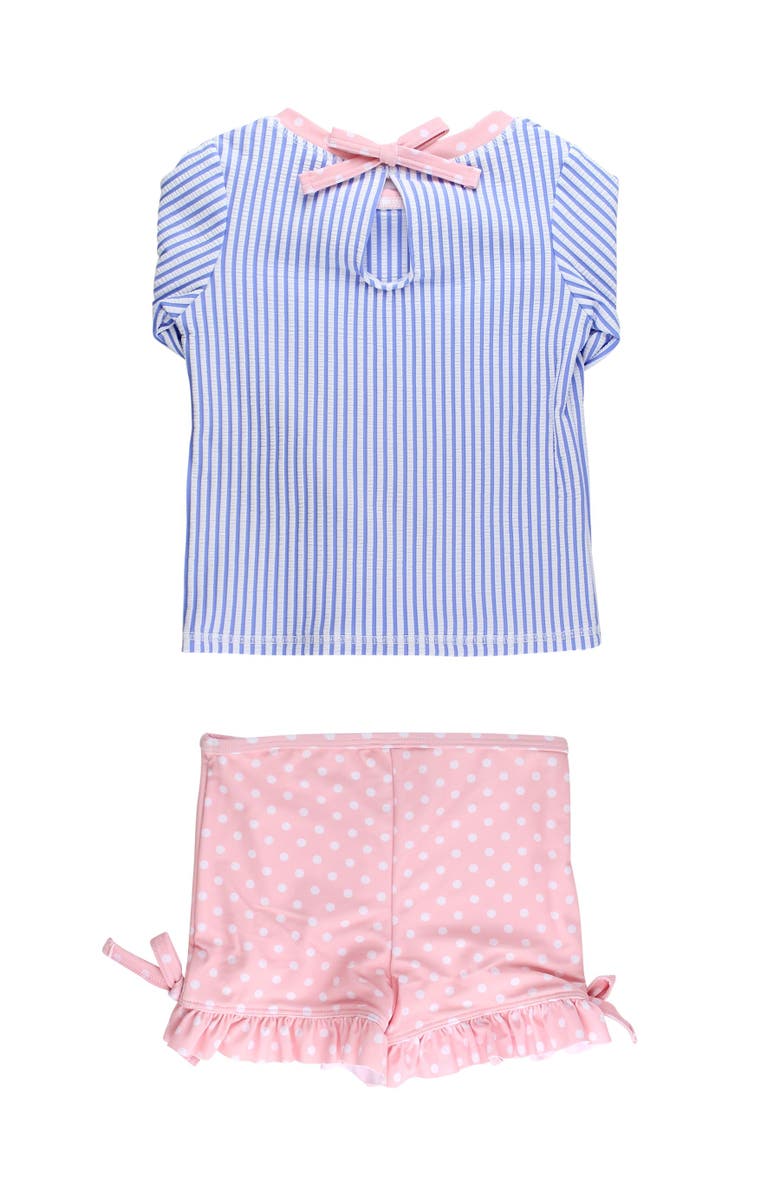 RuffleButts UPF50+ Seersucker Long Sleeve Rash Guard Ruffle Shorts 2-Piece Swimsuit, Alternate, color, Periwinkle Blue Seersucker