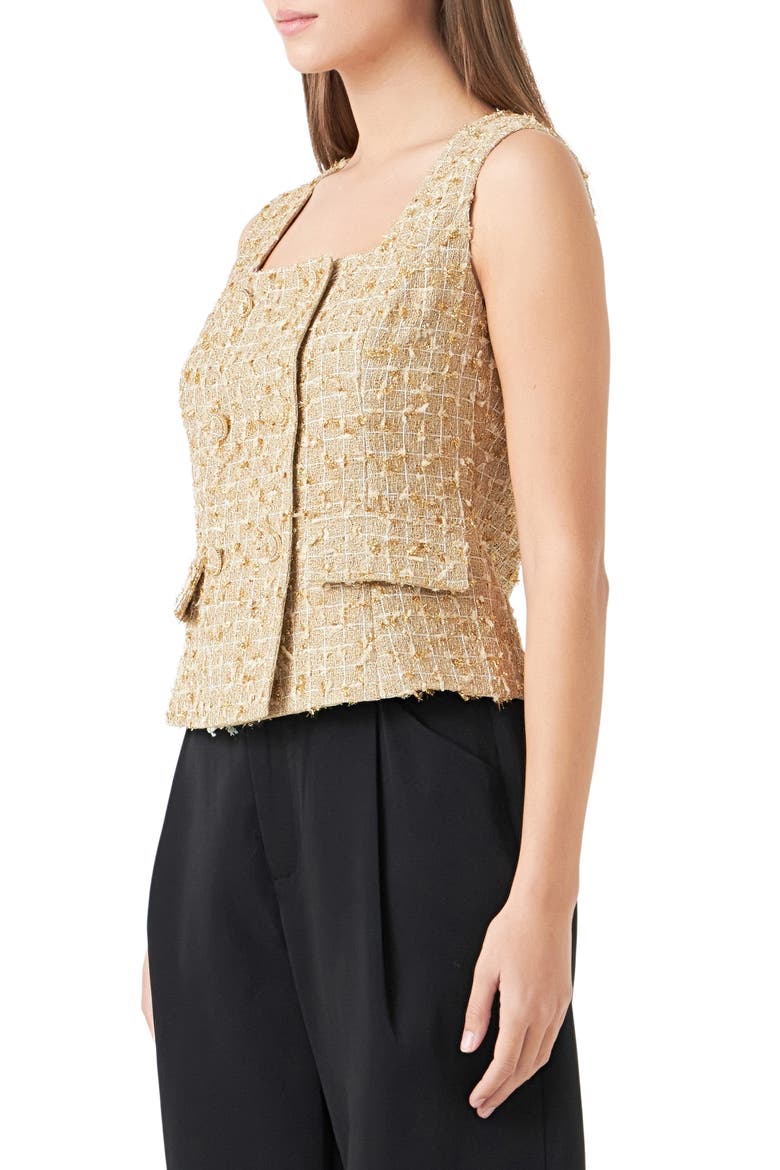 Sleeveless Double Breasted Tweed Top, Alternate, color, GOLD