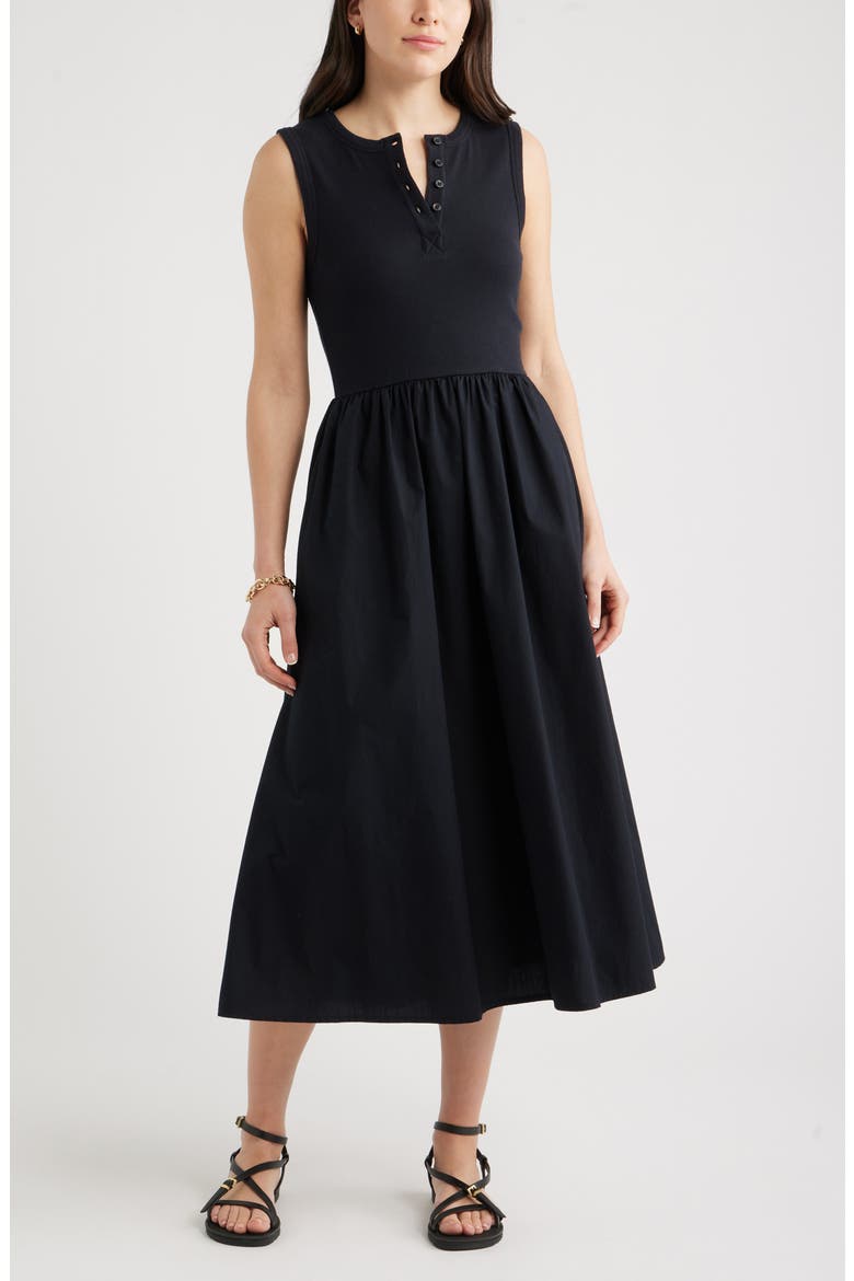 Sleeveless Mixed Media Midi Dress, Main, color, BLACK