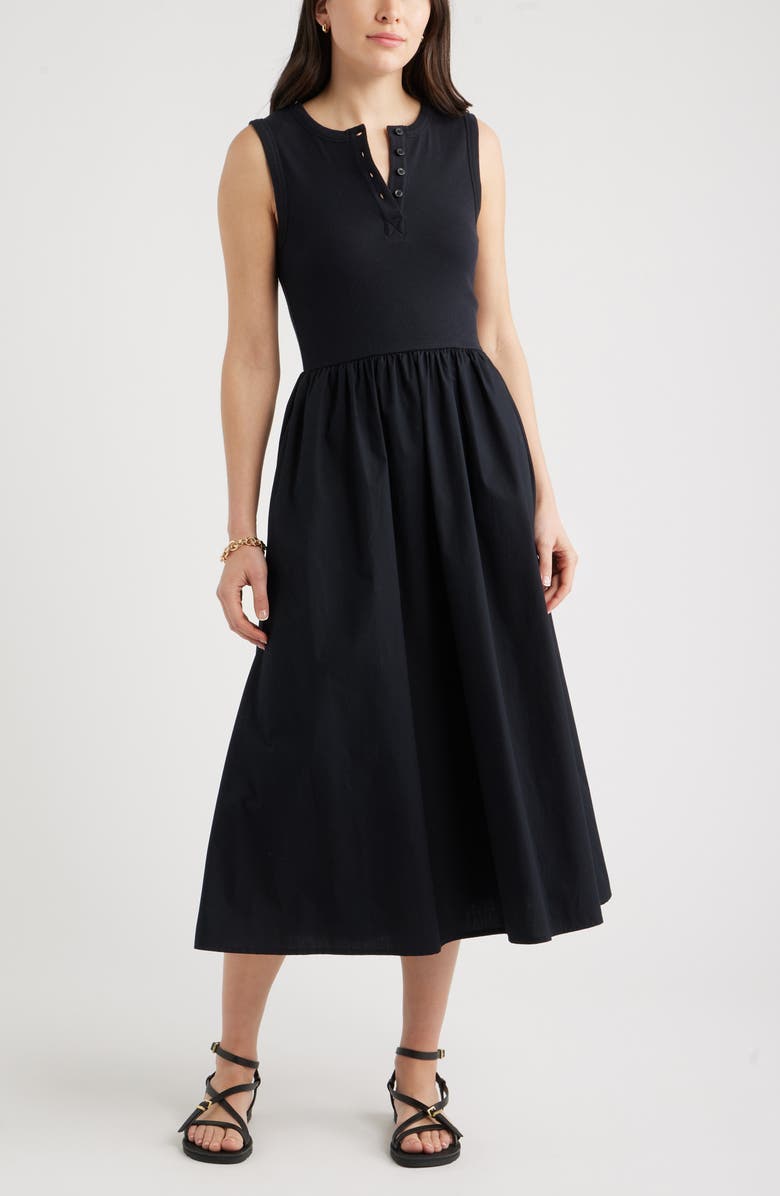 Caslon<sup>®</sup> Sleeveless Mixed Media Midi Dress, Main, color, Black