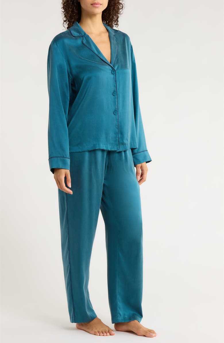 Lunya Piped Washable Silk Pajamas, Alternate, color, Piquant Teal/ Lazing Navy