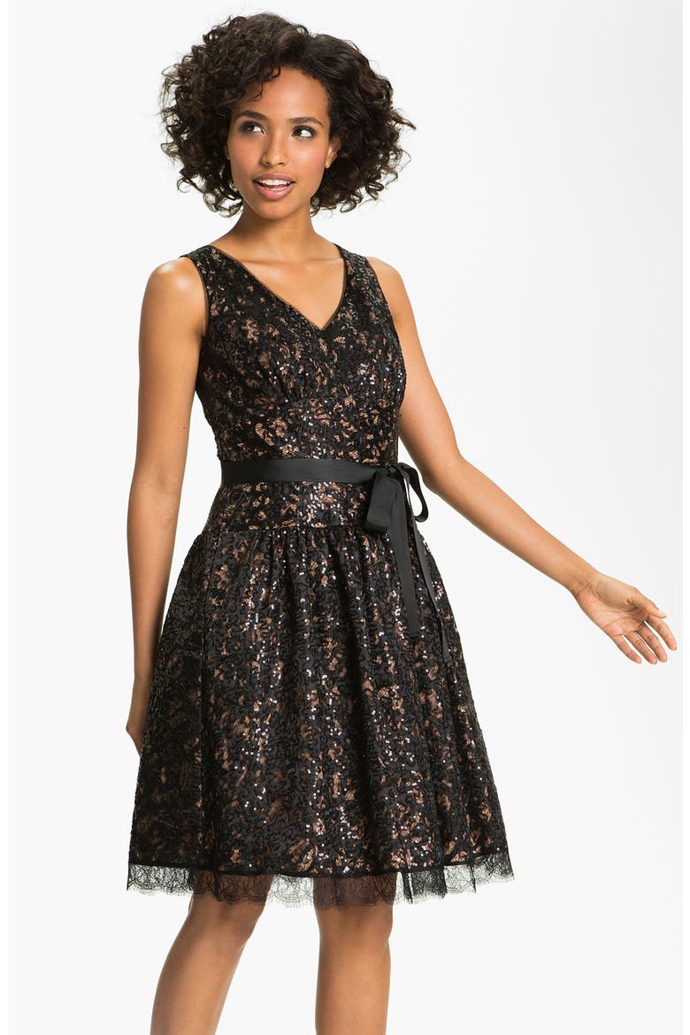 V-Neck Sequin Fit & Flare Dress, Main, color, BLACK