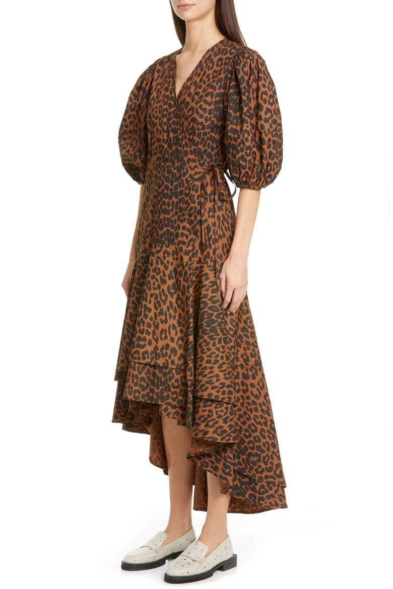 Puff Sleeve Organic Cotton High/Low Wrap Dress, Alternate, color, TOFFEE