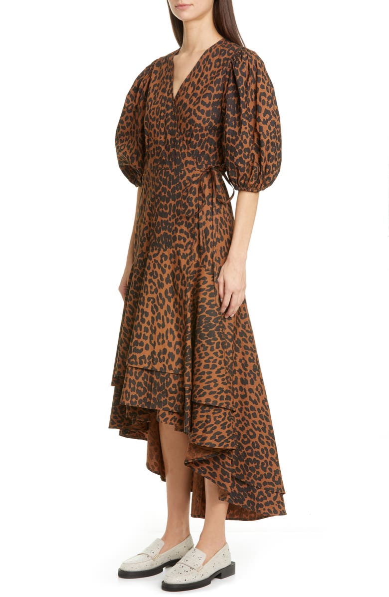 Ganni Puff Sleeve Organic Cotton High/Low Wrap Dress, Alternate, color, 