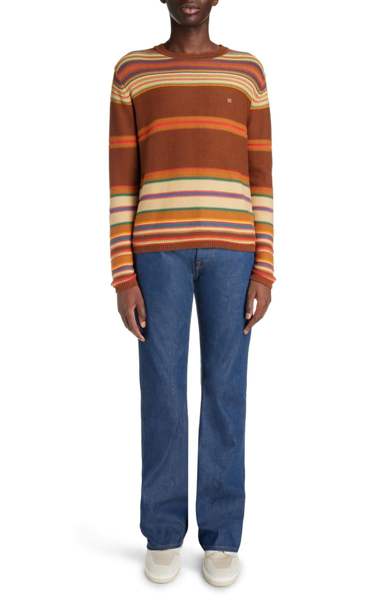Acne Studios Face Patch Stripe Cotton Crewneck Sweater, Alternate, color, 