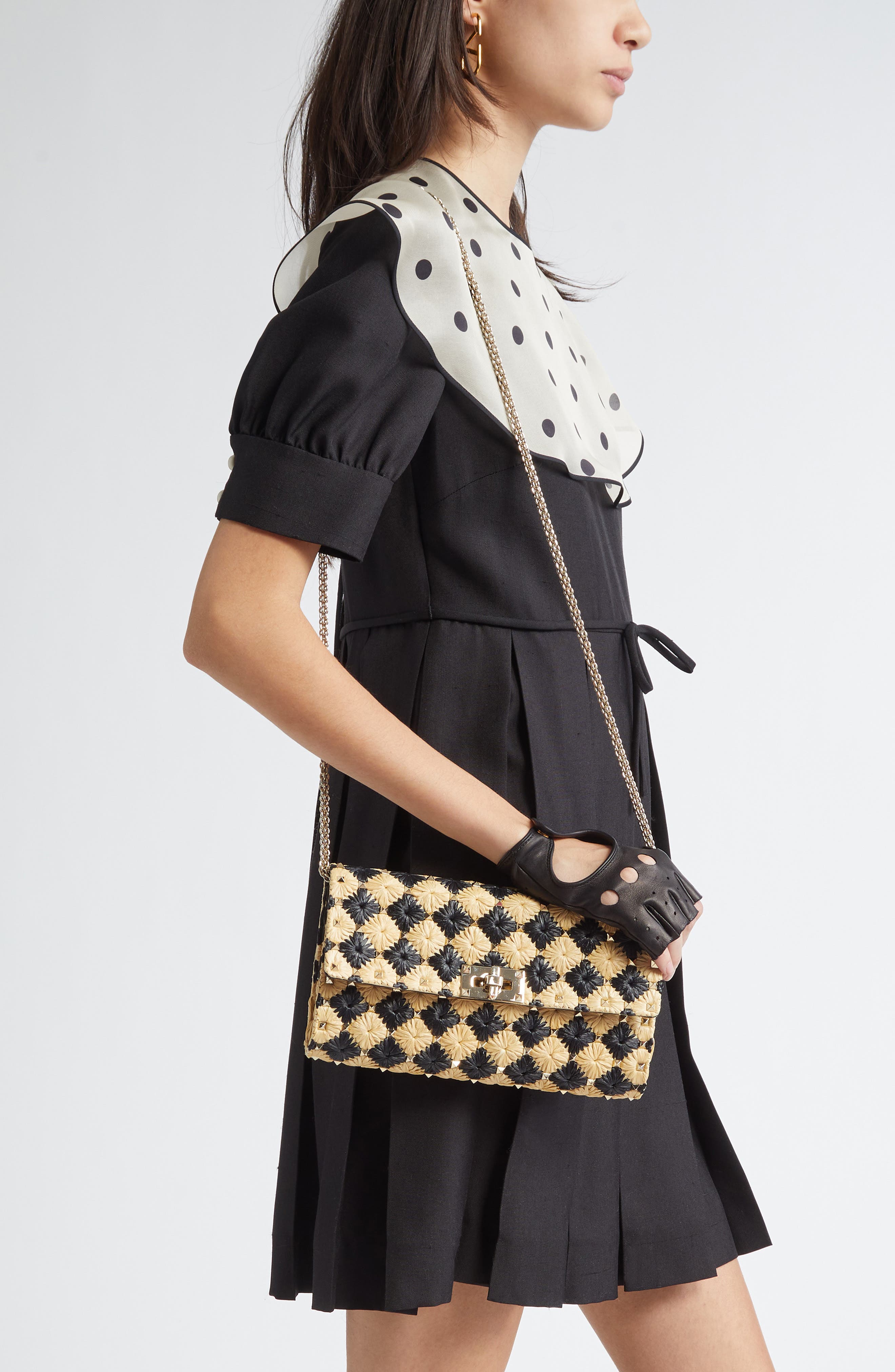 Valentino Garavani Rockstud Spike Check Raffia Shoulder Bag, Alternate, color, 