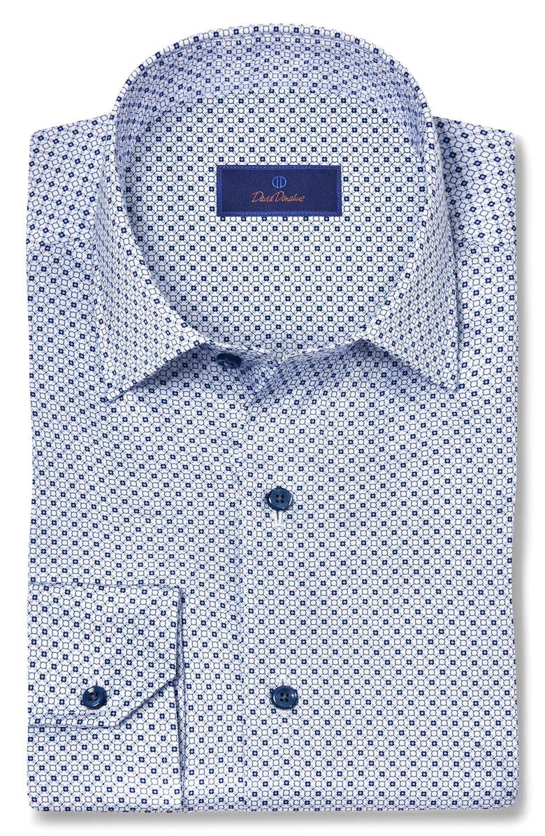 David Donahue Geometric Print Sport Shirt, Main, color, White/ Blue