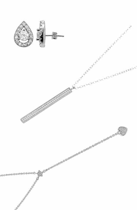 Adornia Pendant Lariat Necklaces & Halo Teardrop Stud Earrings Set