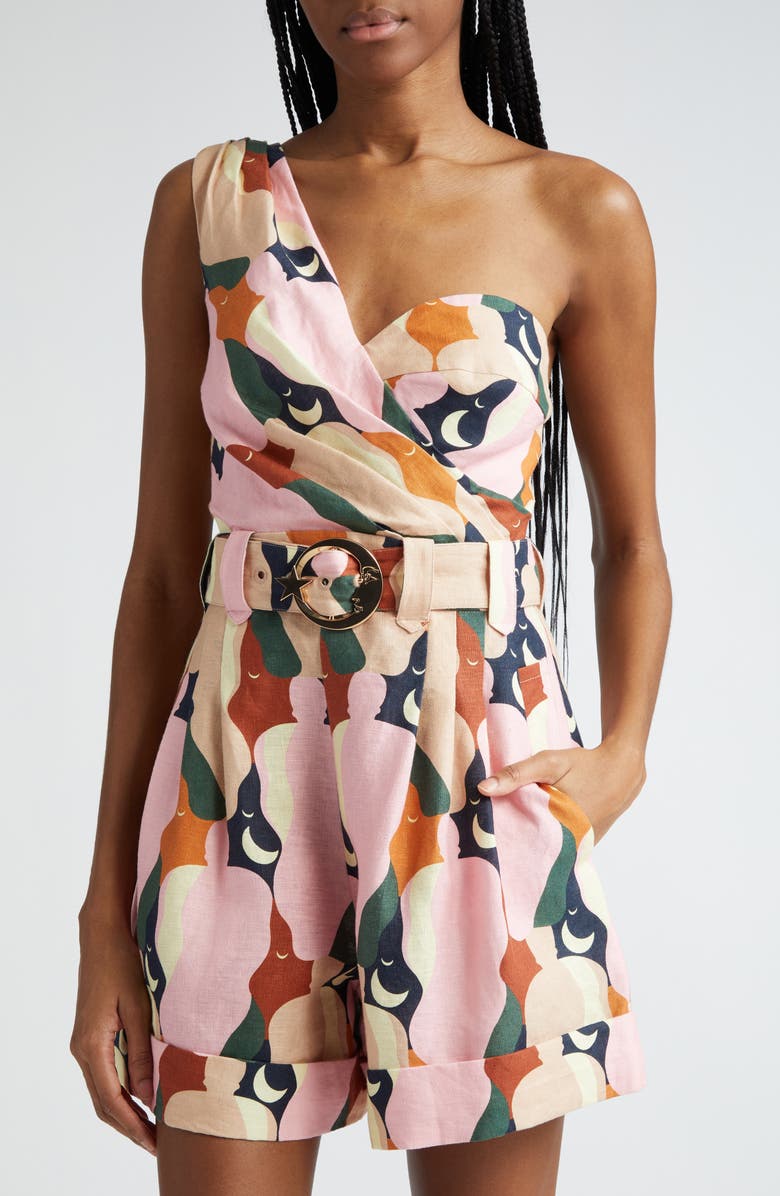 FARM Rio The Kiss Multicolor Print One-Shoulder Linen Romper, Alternate, color, 