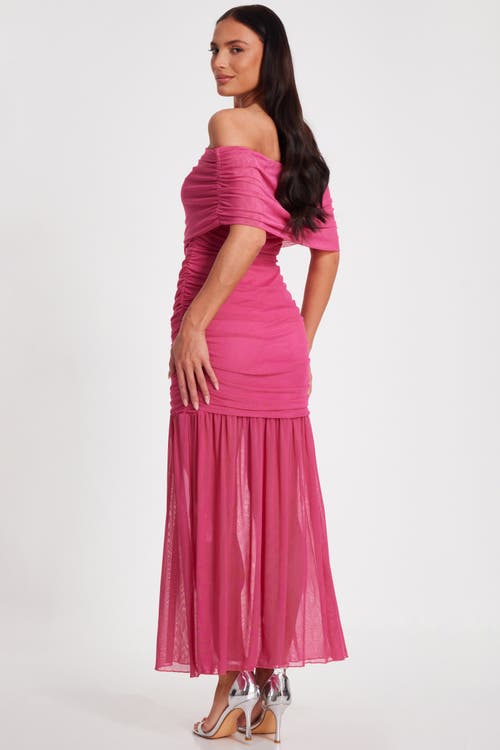 Quiz Bardot Mesh Maxi Dress In Hot Pink