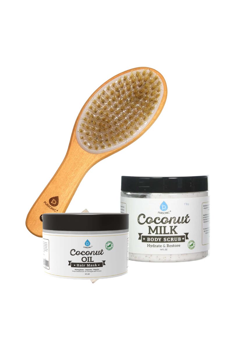 Bath Body Brush With Lotus Wooden Handle & Coconut Care Bundle, Main, color, Multicolor
