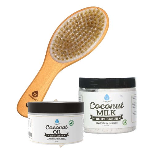 Bath Body Brush With Lotus Wooden Handle & Coconut Care Bundle