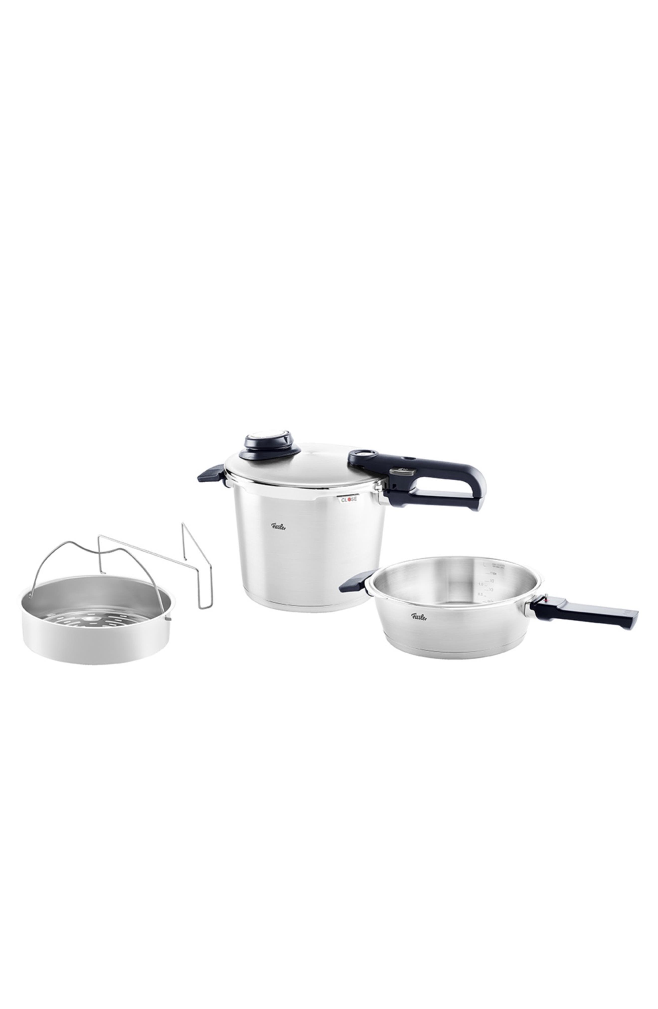 Fissler Vitavit Premium Pressure Cooker and Skillet Set with Steamer Insert and Tripod in Stainless Steel 