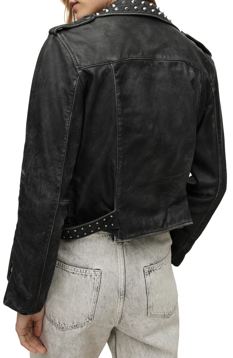 AllSaints Grommet Belted Sheepskin Leather Moto Jacket, Alternate, color,