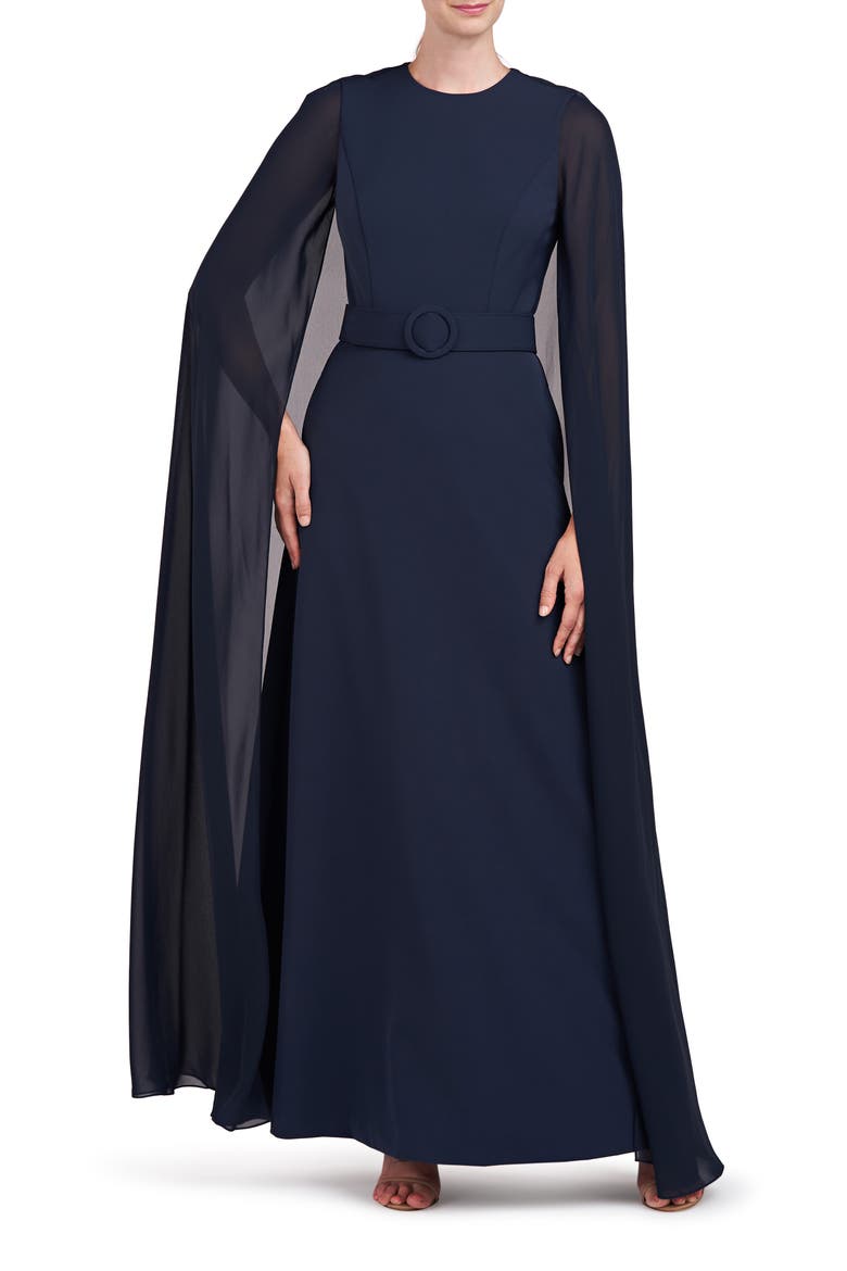 Freya Belted Cape Gown, Main, color, DARK NAVY