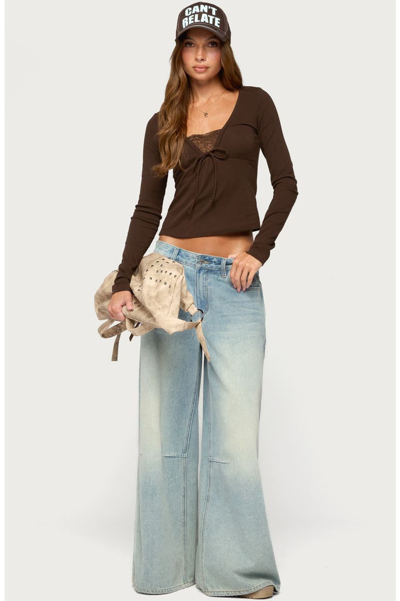 Saela Lacey Tie Front Long Sleeve Top, Alternate, color, BROWN