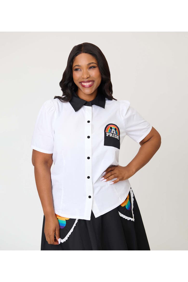 Plus Size 1940s Collared Blouse, Main, color, White Mickey Embroidered