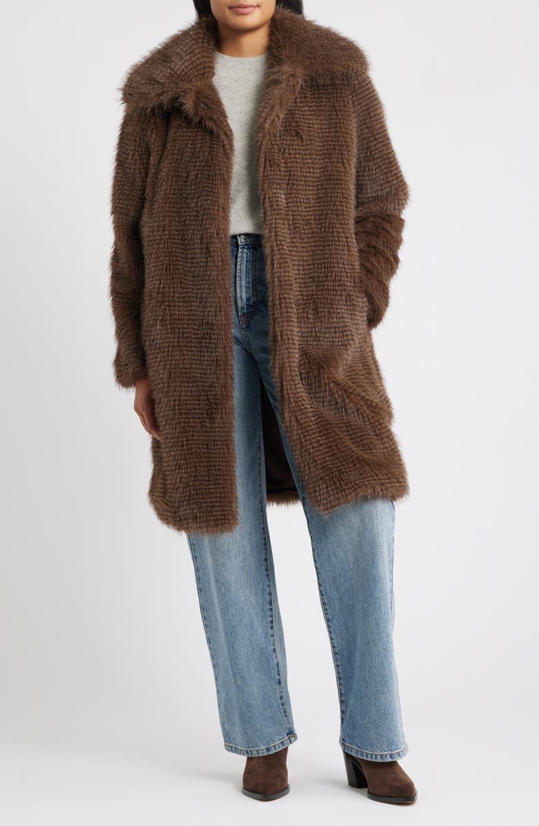 Bernardo Long Faux Fur Coat, Main, color, Brown Mix