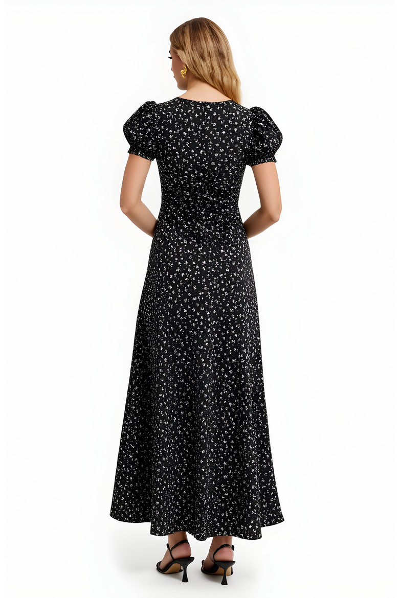 Floral Print Maxi Dress with Puff Sleeves, Alternate, color, Black Floral