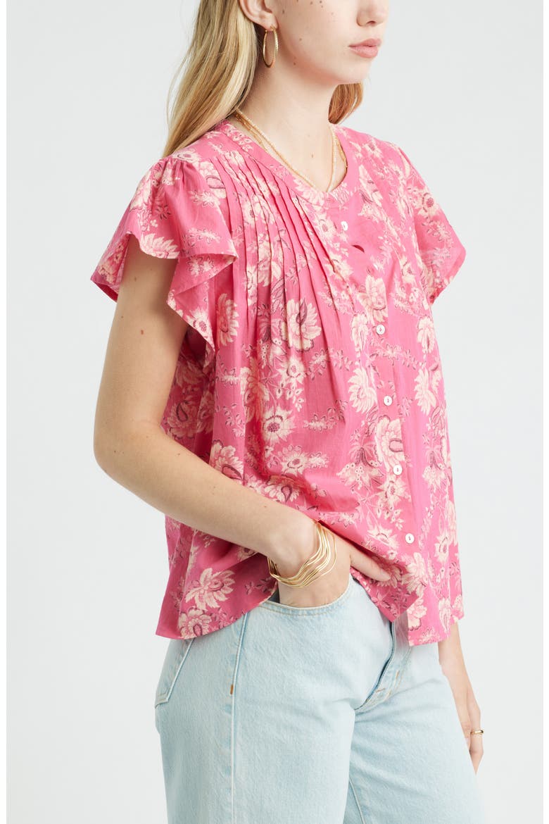 Floral Cotton Pintuck Flutter Sleeve Top, Alternate, color, PINK COTTAGE FORAL STRIPE
