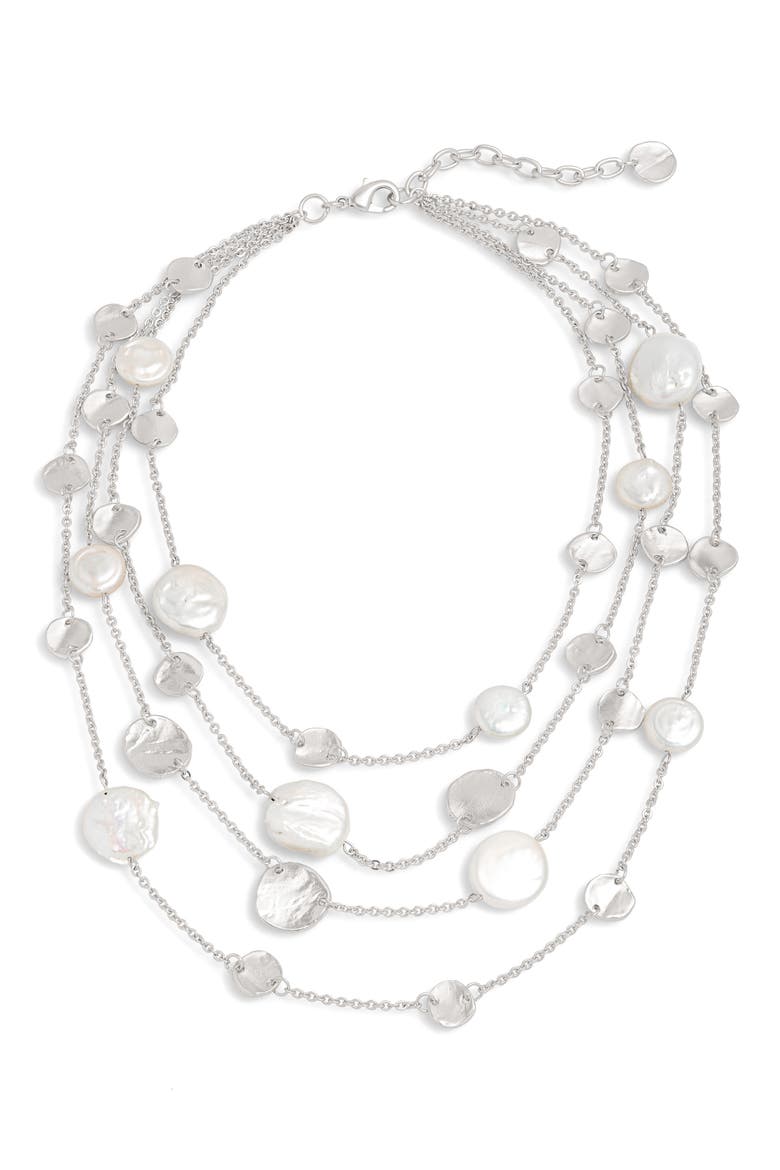Multilayer Necklace with Cultured Pearls, Main, color, SILVER