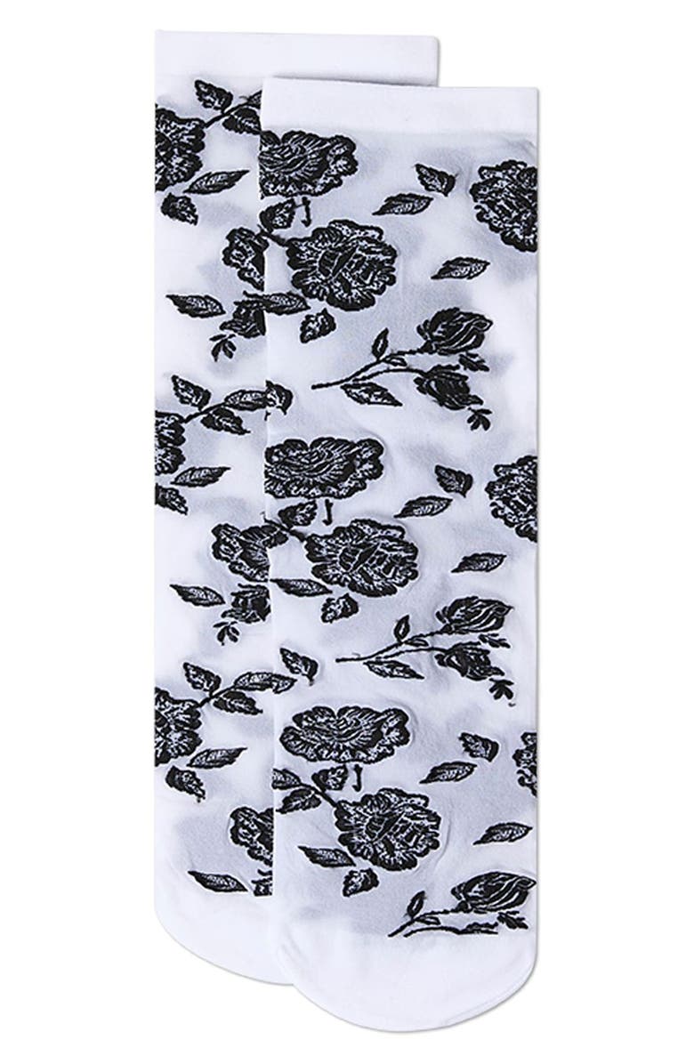 MeMoi Floral Sheer Crew Socks, Alternate, color, White