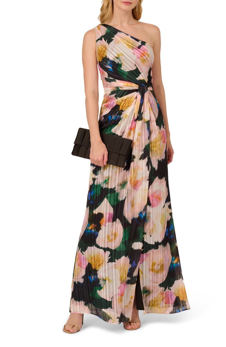 Adrianna Papell Pleated Floral One-Shoulder Chiffon Gown, Alternate, color, Black/ Blush Multi