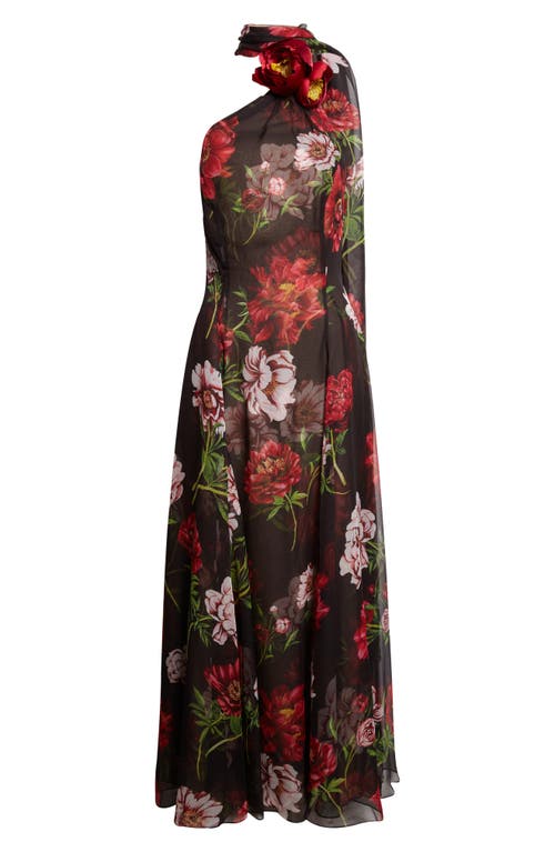 Oscar De La Renta Peony Print Silk Chiffon Halter Gown In Brown