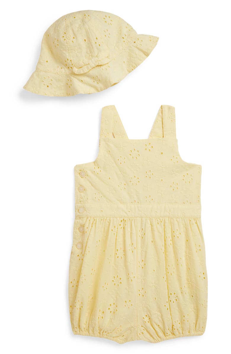 Ralph Lauren Bow Back Cotton Broderie Anglaise Bubble Romper & Sun Hat Set, Main, color, T-Bird Yellow