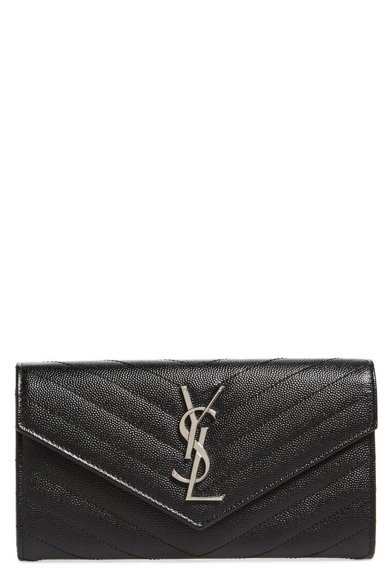 Matelassé Leather Envelope Wallet, Main, color, NOIR