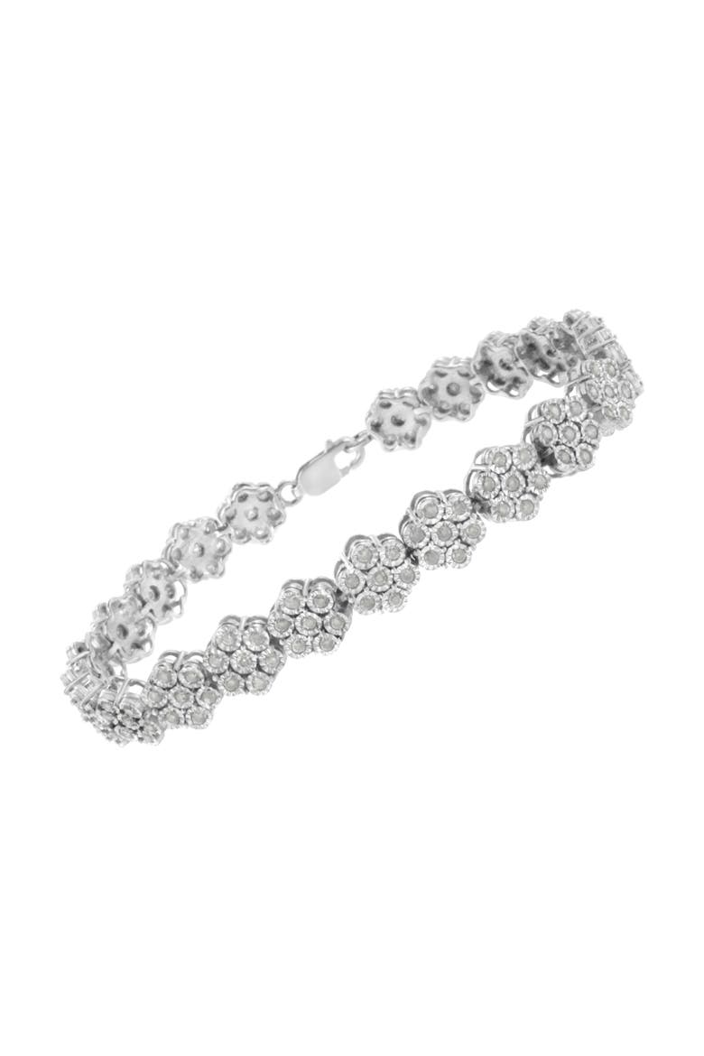 Silver 2.0 cttw Diamond 7 Stone Floral Cluster Link Bracelet, Alternate, color, White