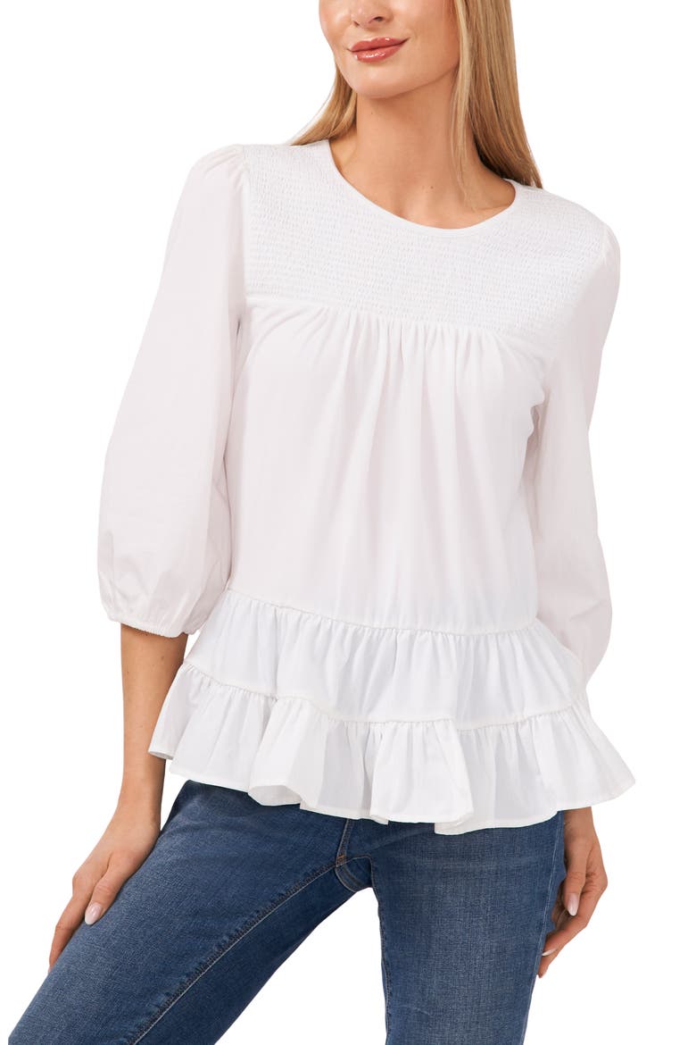 Mixed Media Ruffle Long Sleeve Top, Main, color, ULTRA WHITE