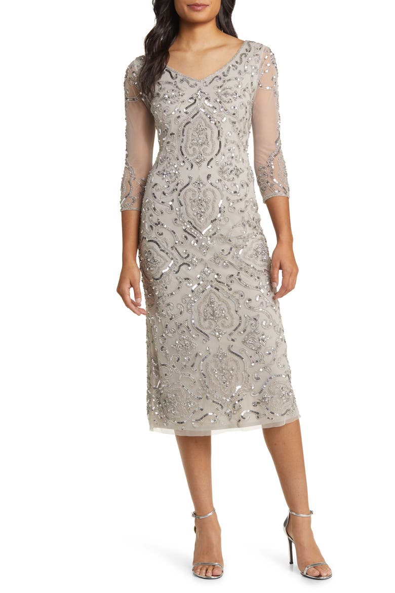 Sequin & Beaded Cocktail Sheath Dress, Main, color, SILVER