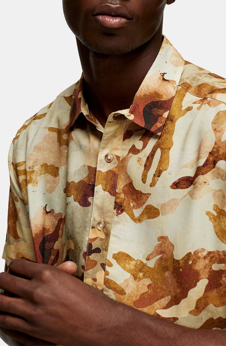 Topman Slim Fit Camouflage Print Short-Sleeve Shirt, Alternate, color,