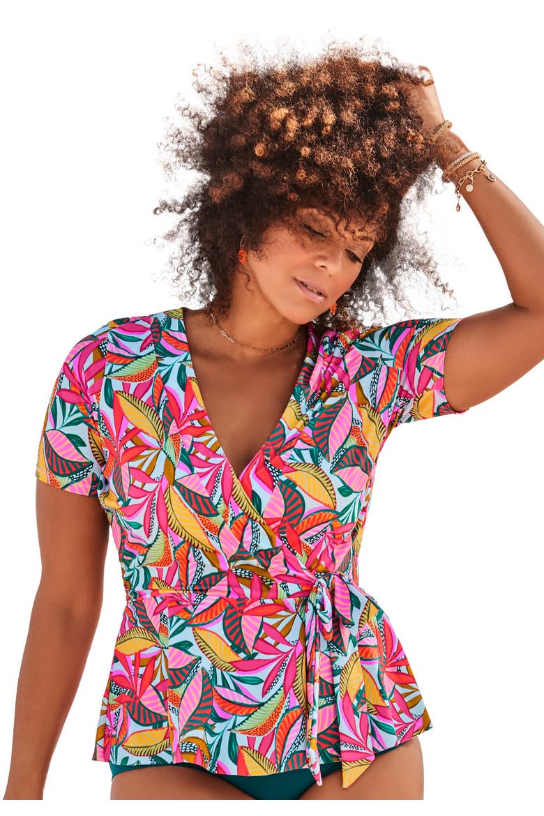 Short Sleeve Faux Wrap Tankini Top, Main, color, Multi Palm Leaves