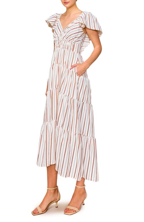 Melloday Stripe Flutter Sleeve Maxi Dress In Ivory/rust Stripe