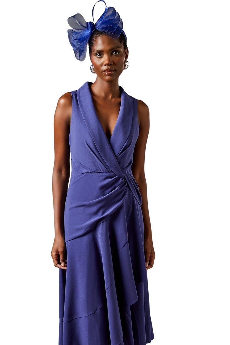 Shawl Collar Ruffle Hem Midi Dress, Alternate, color, Blue