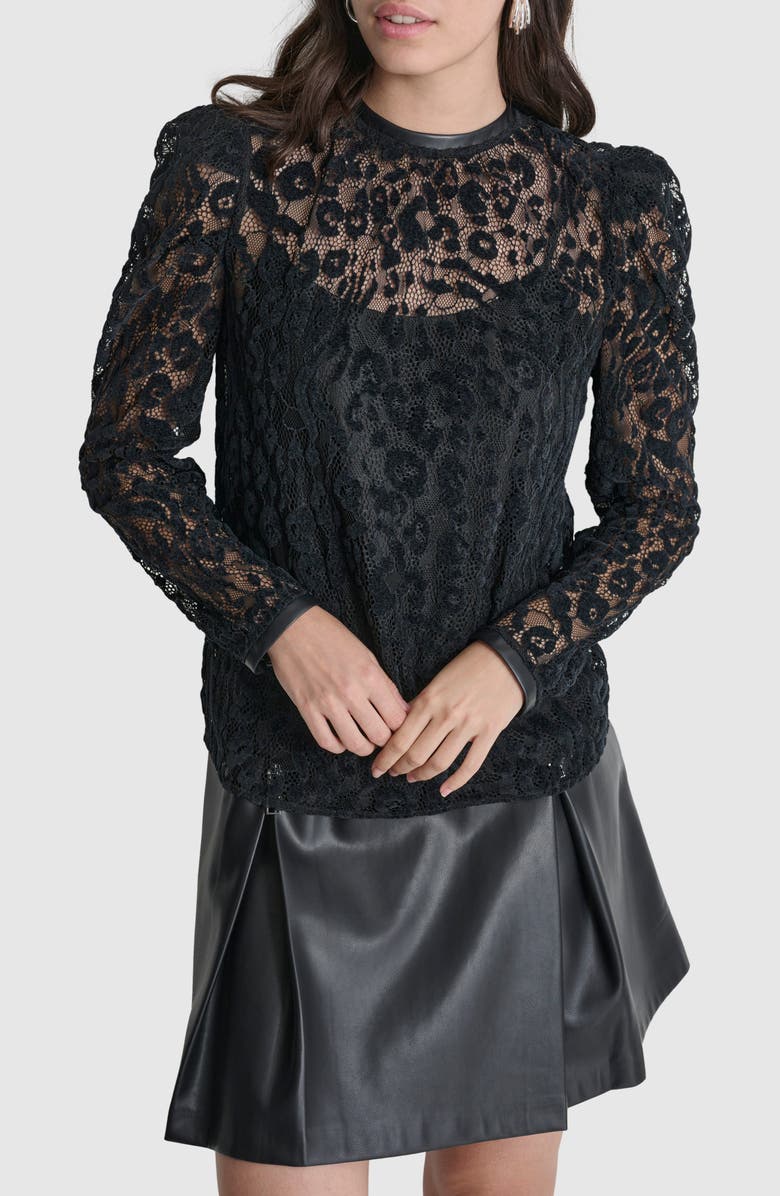 DKNY Floral Mesh Lace Long Sleeve Top, Main, color, 
