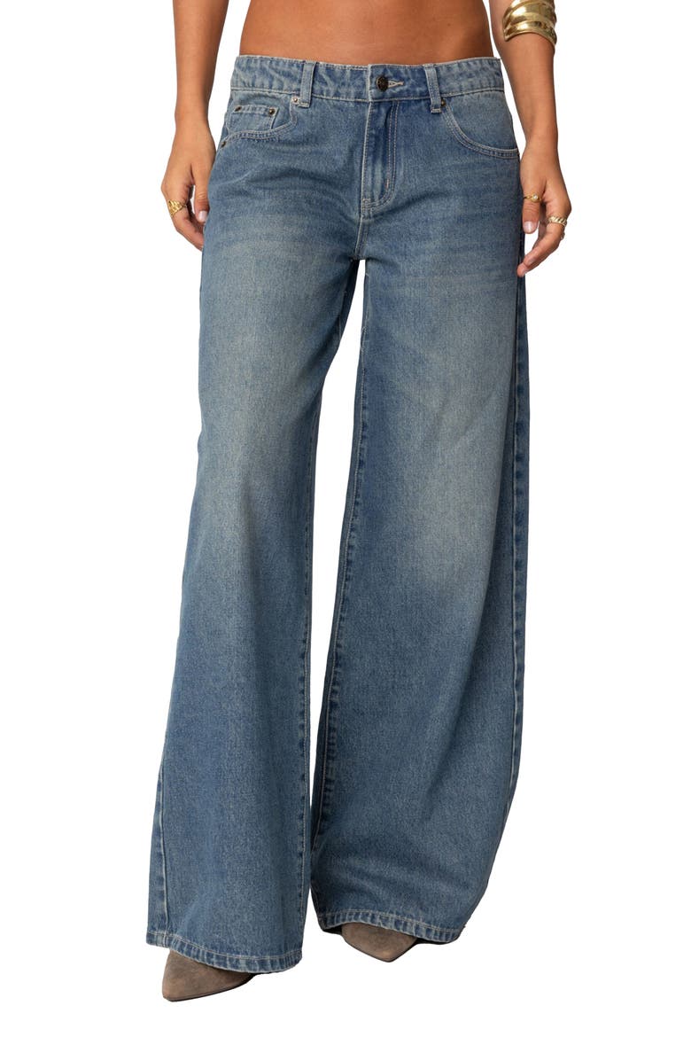 Vyxen Bow Print Low Rise Wide Leg Jeans, Main, color, BLUE-VINTAGE-WASHED