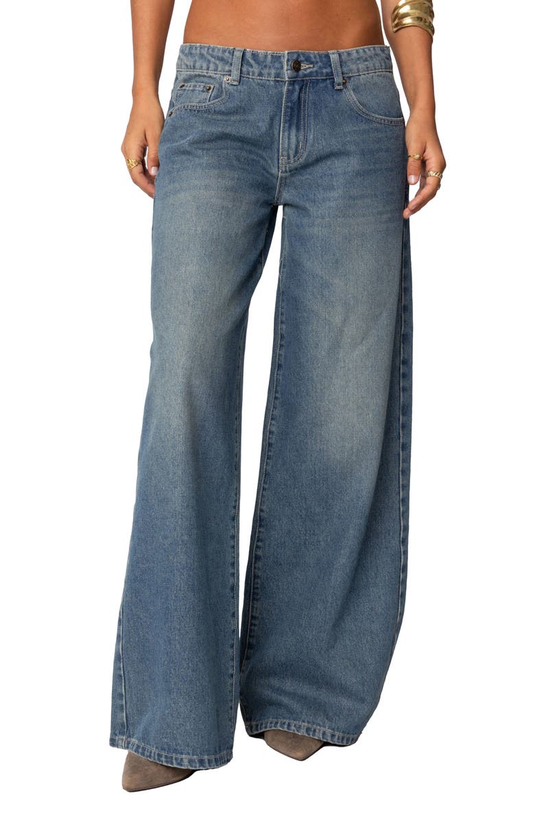 EDIKTED Vyxen Bow Print Low Rise Wide Leg Jeans, Main, color, Blue-Vintage-Washed