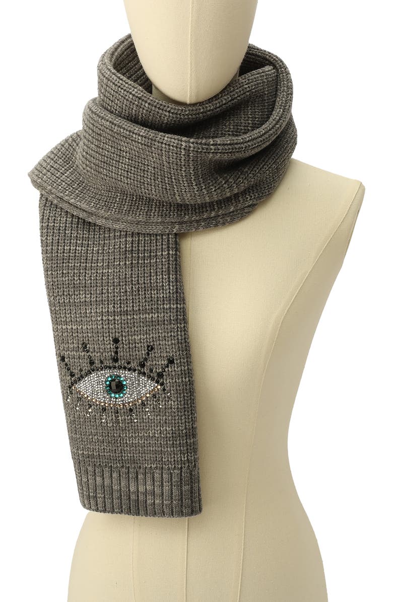 Kurt Geiger London Evil Eye Crystal Embellished Scarf, Alternate, color, Dark Grey Marl
