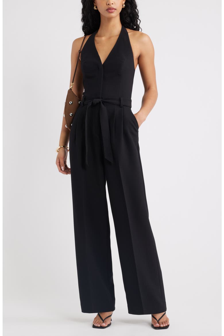 The Icon Belted Halter Jumpsuit, Alternate, color, BLACK