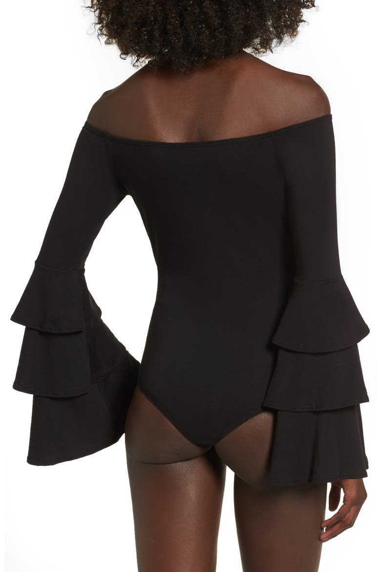 Ruffle Sleeve Off the Shoulder Bodysuit, Alternate, color, BLACK