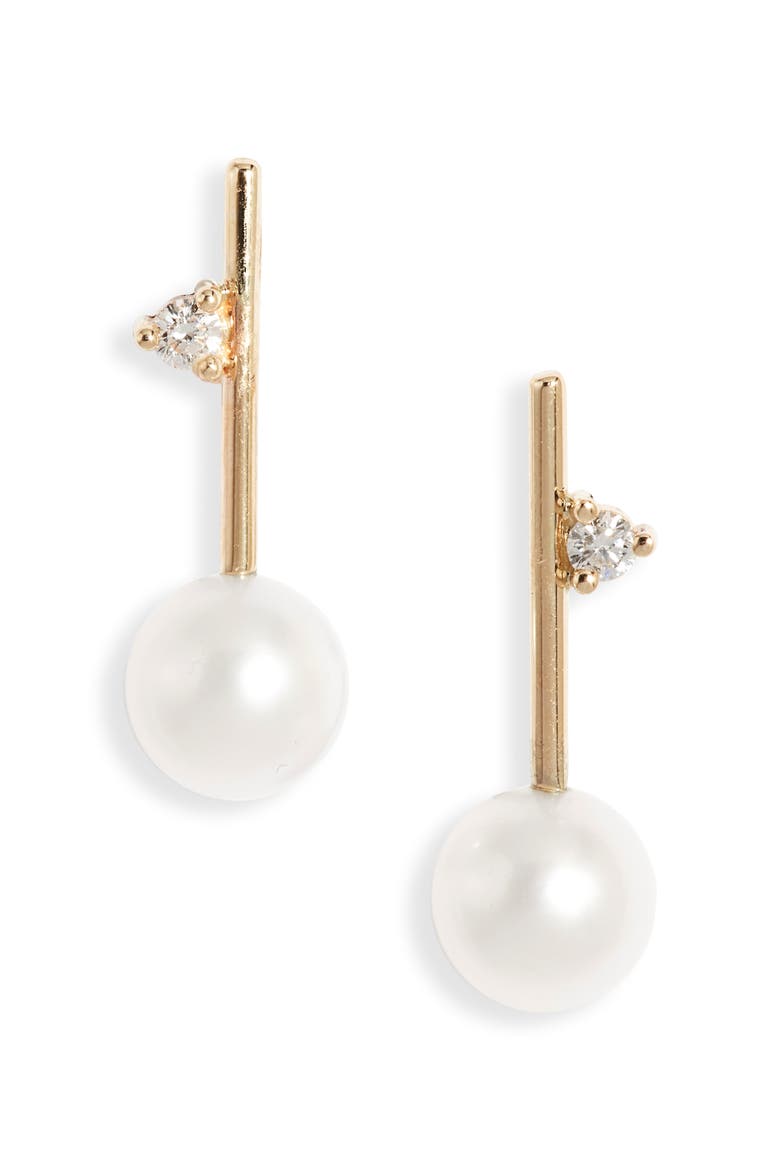 Diamond & Cultured Pearl Drop Earrings, Main, color, 14KYG